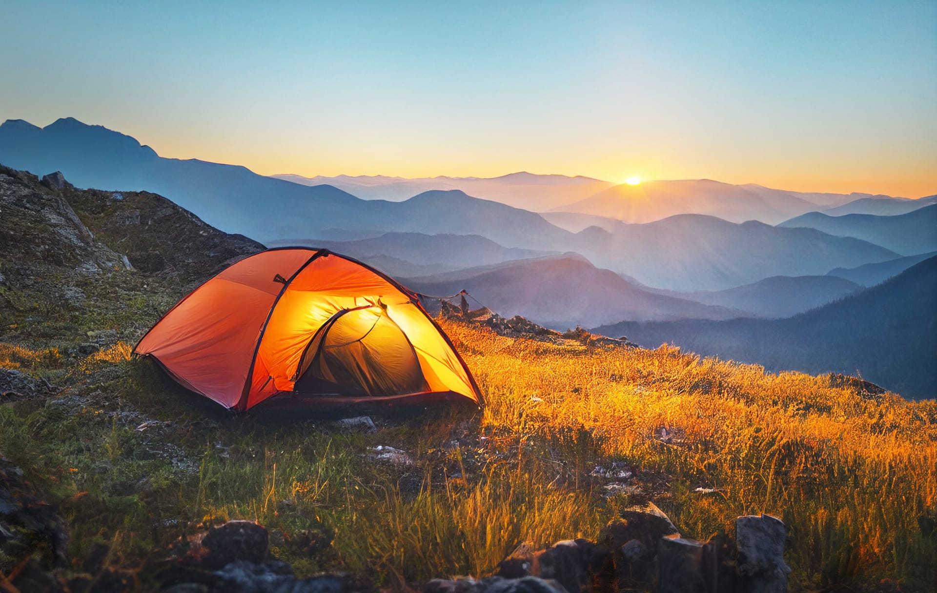 Tent pitched on a mountain at sunset